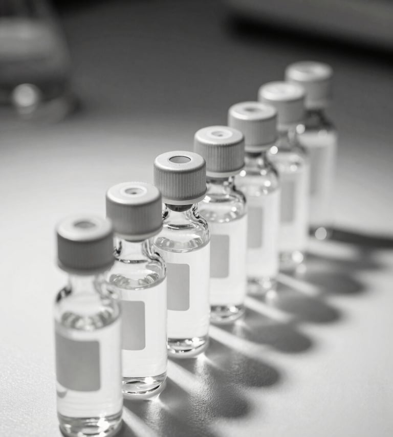 Macro overhead close-up of a row of glass reagent vials and analytical pipettes arranged on a white laboratory surface, studio strobe lighting casting sharp defined shadows, high-contrast monochrome tone, no human subjects