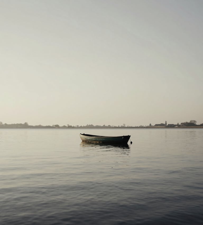 A large, full-bleed photograph of a solitary boat on a vast, still lake in the Dutch countryside. The palette is muted charcoal and off-white. The lighting is soft and atmospheric, conveying a sense of profound stillness and creative focus.