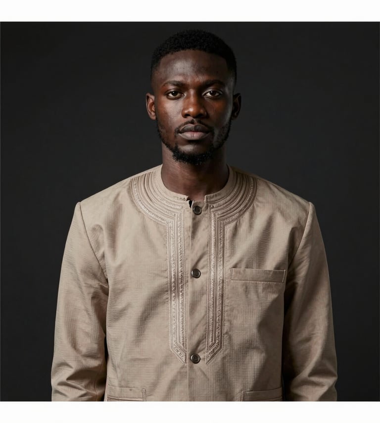 A high-fashion vertical portrait of P.E.P YLS. He is wearing a structured designer jacket with subtle Nigerian-inspired embroidery in #8D765D. He has a confident, steady gaze. The lighting is cinematic with deep shadows, set against a clean #0A0A0A background. Premium aesthetic, sharp focus.
