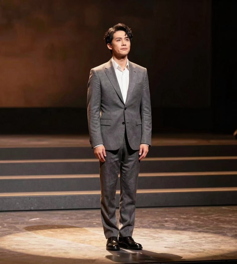 A cinematic shot of an actor taking a bow on a grand North American stage, warm stage lights casting soft shadows, elegant and polished contemporary theatrical style.