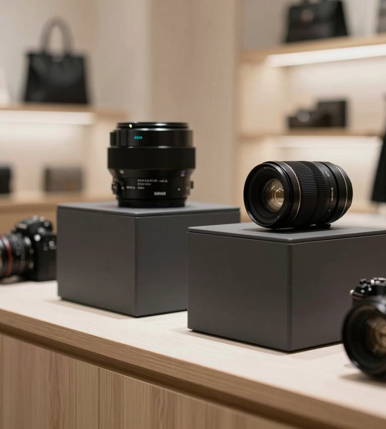 A sleek, modern commercial product display featuring luxury items in a clean Central European boutique setting, emphasizing soft lighting and sharp charcoal black accents.