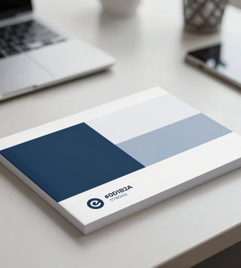 A sleek, professional brand manual lying on a desk, showing a minimalist logo with a palette of #0D1B2A and #778DA9. Modern, clean lighting with a shallow depth of field, conveying creative expertise.