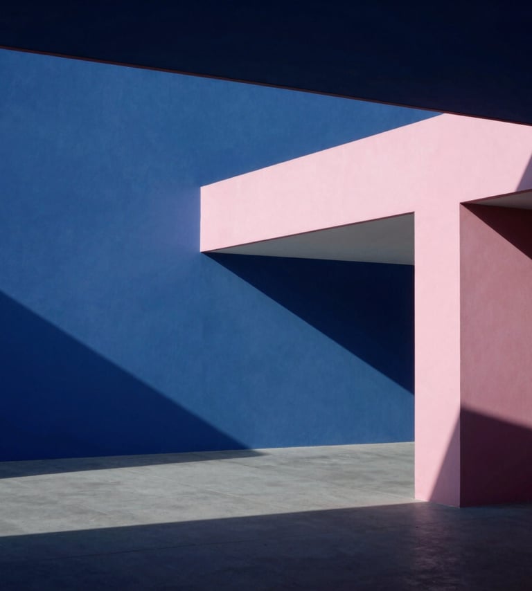 Bauhaus-inspired architectural interior in the North American / US, featuring clean geometric shapes, cerulean blue shadows, and soft pink highlights. Minimalist composition with stark daylight and professional clarity.