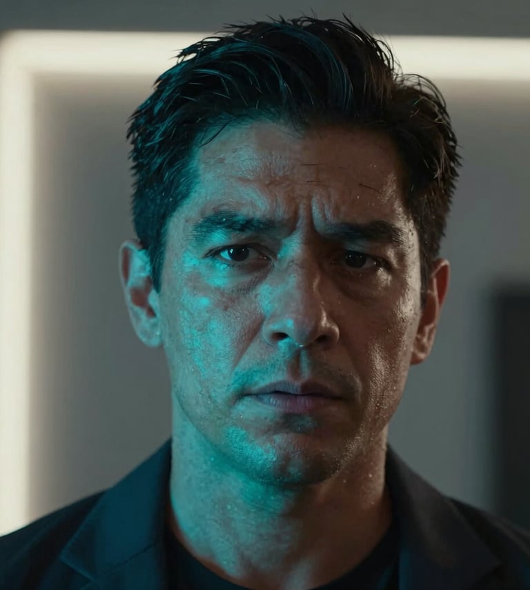 A cinematic close-up of a professional South American / Colombian actor with intense emotional expression. Lighting is dramatic with electric neon cyan highlights on the face and dark charcoal shadows. Modern urban aesthetic, soft cloud white rim lighting.