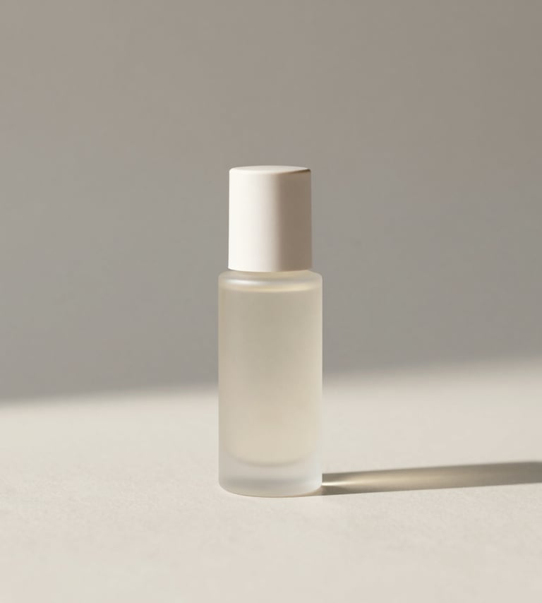 A high-end, minimalist studio setup. A single luxury skincare bottle in frosted glass sits centered on a matte cream surface (#F8F5F2). The lighting is soft and diffused from the side, creating long, subtle shadows. The background is a clean, neutral gray (#D8D8D8). The aesthetic is sophisticated and precise, with significant negative space around the product.