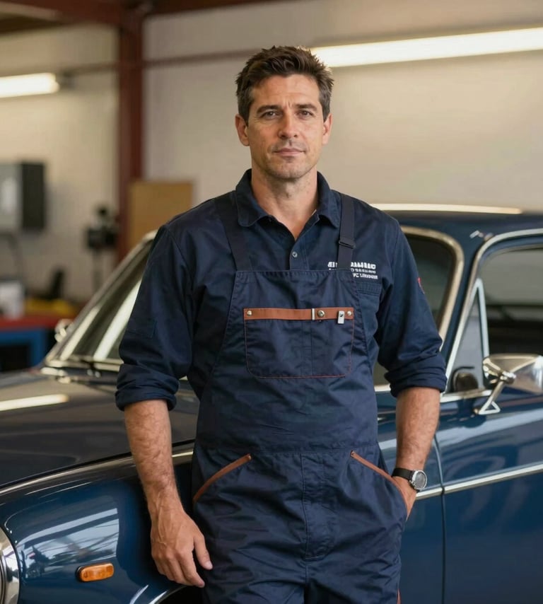 An expert varillero standing confidently next to a restored classic car. He is dressed in a professional workshop apron. The mood is powerful and leading. Background features a clean workshop in #0A1E3C navy tones with warm #E7C670 lighting highlights.