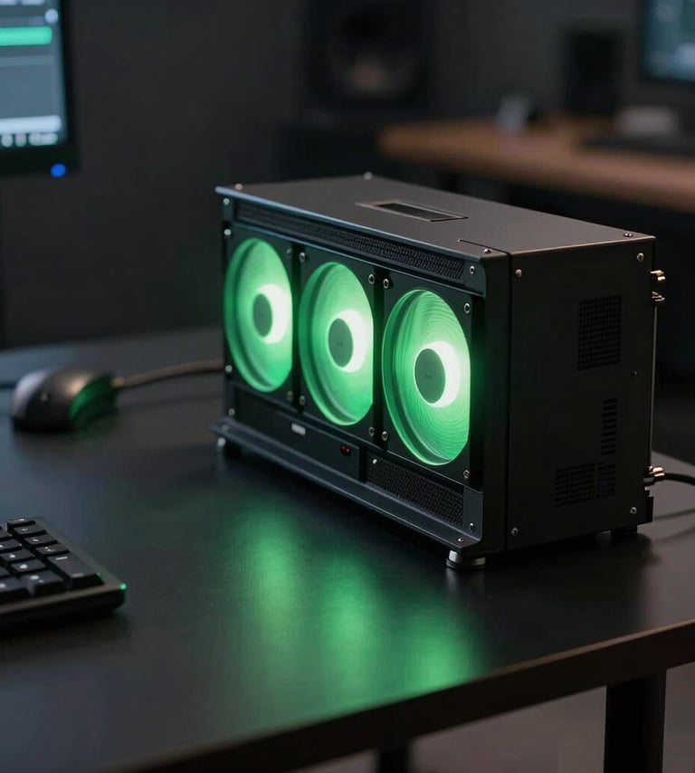 A cinematic close-up of a high-end video editing workstation in a dark room. Neon green glowing light from hardware components illuminates a sleek, black desk. South American / Brazilian professional studio environment. Pragmatic, technological aesthetic.