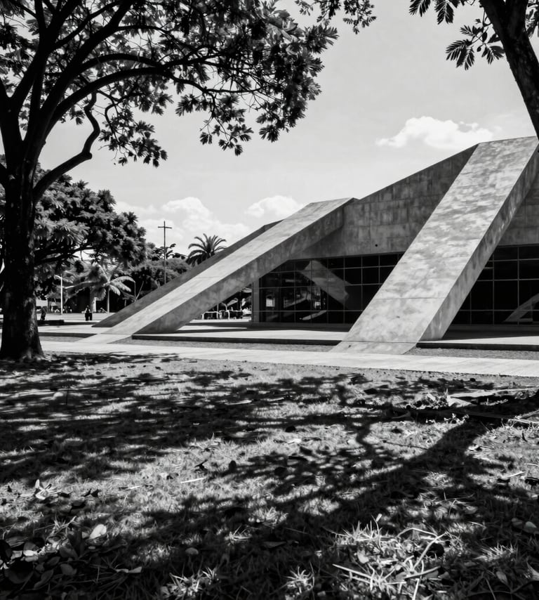 A high-contrast black and white architectural photograph of a public park in Brasília, featuring sharp shadows from tropical trees against geometric concrete structures, reflecting a sophisticated minimalist aesthetic.