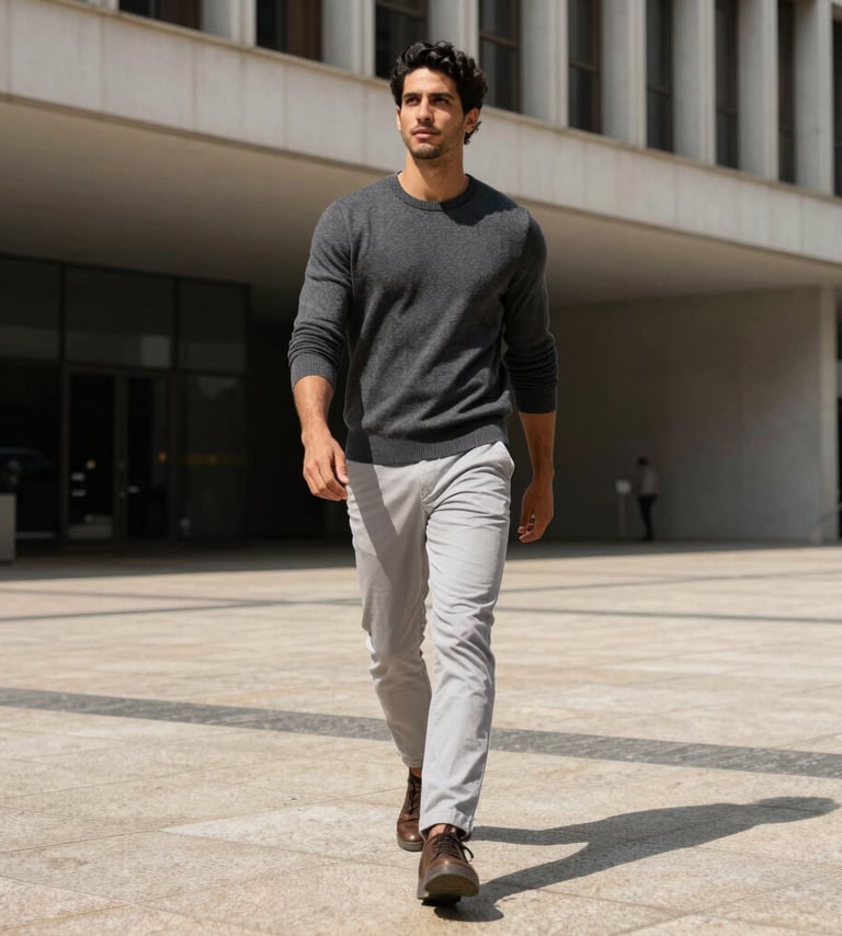 Dynamic street style photography of a male model walking through a modern architectural plaza in São Paulo. Bold lighting, wearing charcoal and light gray garments, exuding confidence and professional charisma.