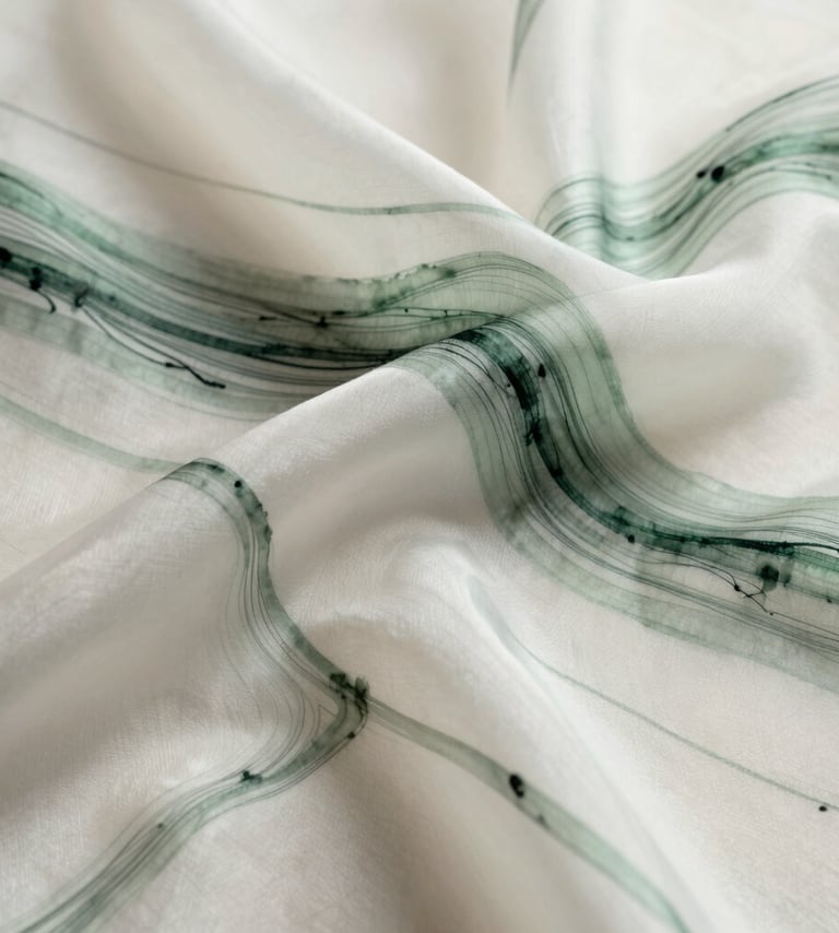 A minimalist, abstract ink drawing on translucent off-white silk. Fine, organic lines in dark slate green and muted sage green weave through the fabric, creating layers of depth. The lighting is soft and ethereal, highlighting the texture of the silk threads.
