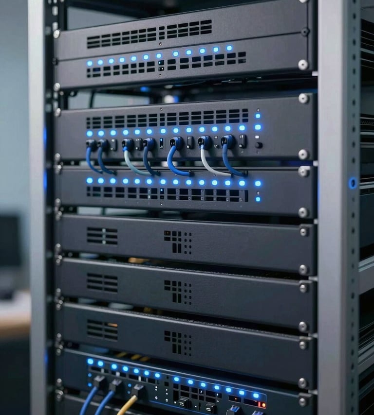 A high-end professional AV equipment rack with neatly organized cables, glowing blue LED indicators, and stainless steel hardware, emphasizing engineering precision and technical authority. Modern high-tech style incorporating #0D1A2F and #34495E tones.