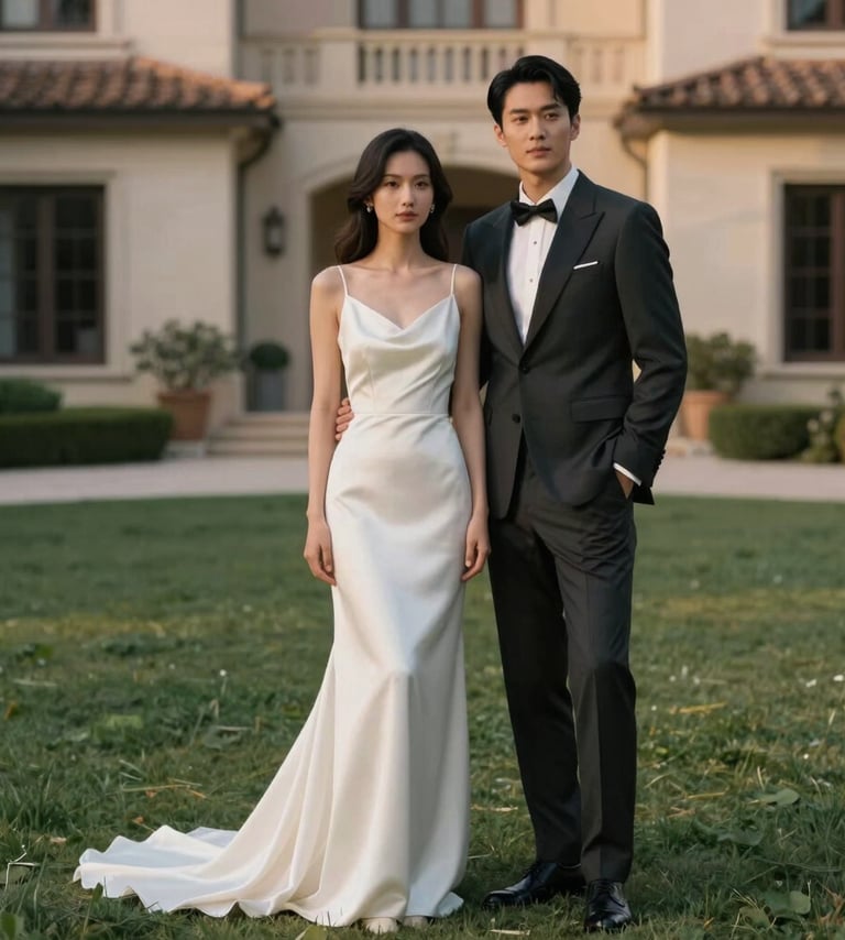 A vertical portrait of a sophisticated couple in a North American / European estate garden. The bride wears a minimalist silk gown in minimalist off-white, and the groom is in a charcoal black tuxedo. Soft, diffused evening light, warm taupe accents in the background architecture.