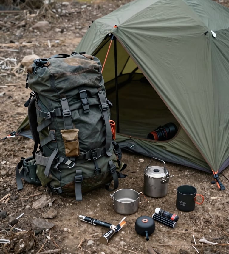 Overhead view of an expedition camp layout on rough terrain — a packed load-bearing backpack open beside a tarp shelter, titanium cookware and fire-starting kit arranged on bare earth, overcast flat light from above, gear showing visible use and wear, no people, framed tight to emphasize function over aesthetics