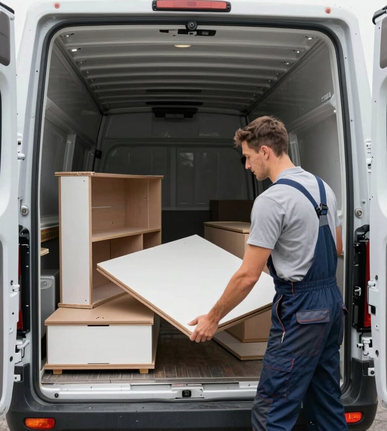 A wide-angle photography shot showing a professional mover loading flat-pack furniture into a large, well-lit transport vehicle. The mover is wearing clean, Northern European work attire in light grey and blue.