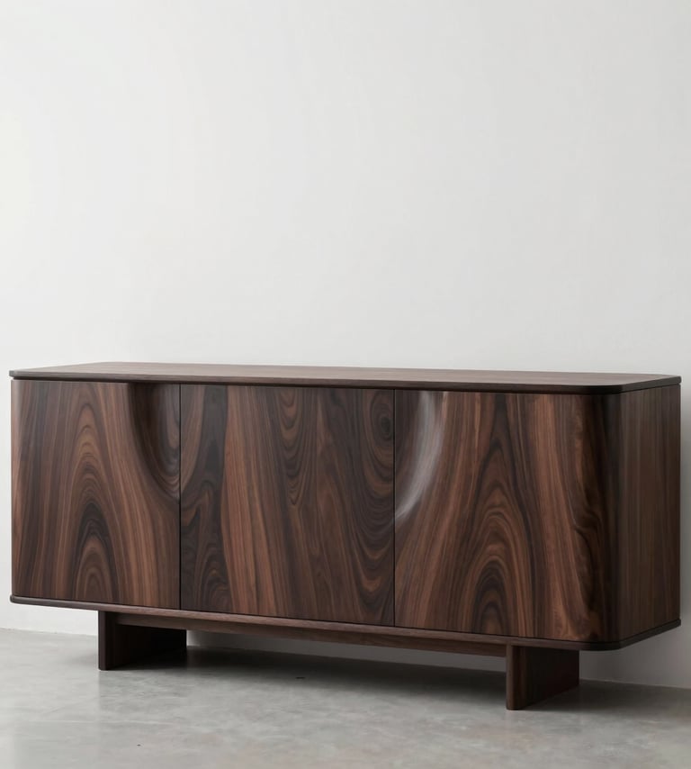 A professional studio photograph of a sleek, limited-edition Black Walnut credenza with organic, flowing lines. The piece is set against a stark white gallery wall in a minimalist North American setting. Lighting is soft and architectural, highlighting the wood grain.