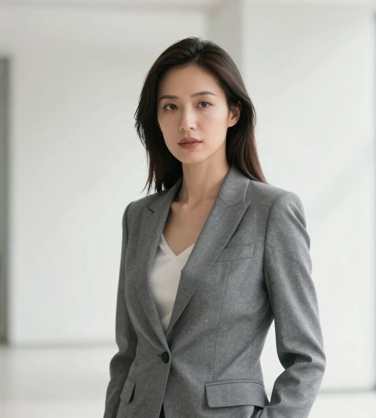 A sleek professional portrait of a woman in an architectural setting with clean lines and soft lighting. Palette of white and gray. International / Professional.