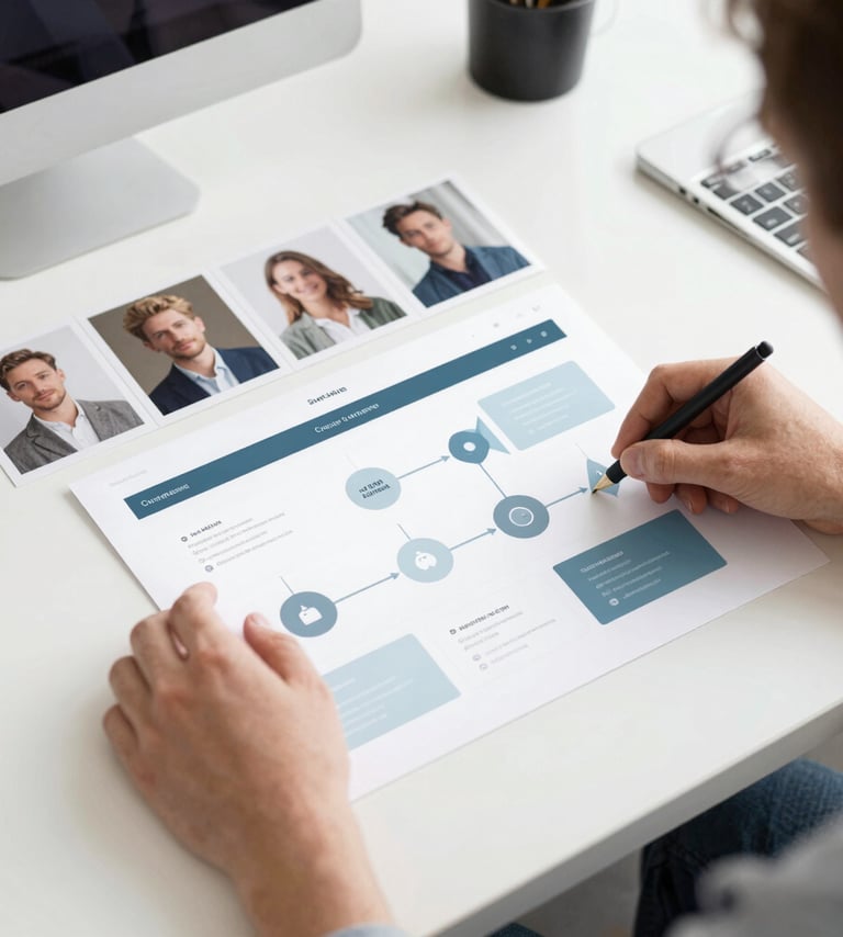 A top-down view of a bright Scandinavian style office desk. A moodboard with actor headshots and fabric swatches is visible. Hands are arranging a strategic content plan. Use colors #74A8AE and #ECF3F4.