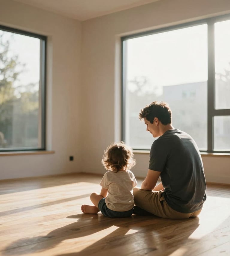 A cinematic, candid shot of a father and young child sitting on a wooden floor in a bright, modern room. The sun streams in through large windows, creating soft lens flares. The room features warm #8D6B5F wood tones and #F9F6EE walls. High-end architectural photography style.