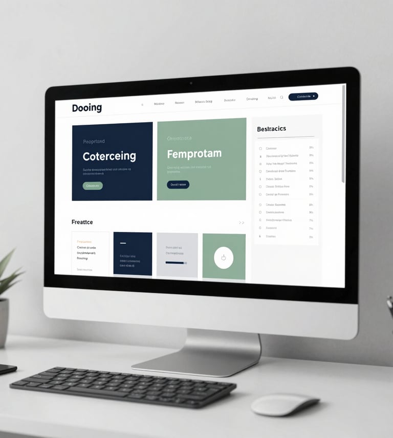 A highly aesthetic and minimalist graphic design studio workspace. A sleek monitor displays a sophisticated visual identity moodboard. The scene exudes a strategic aura, with refined lighting and a meticulous color palette featuring dark navy, slate grey, and sage green accents.
