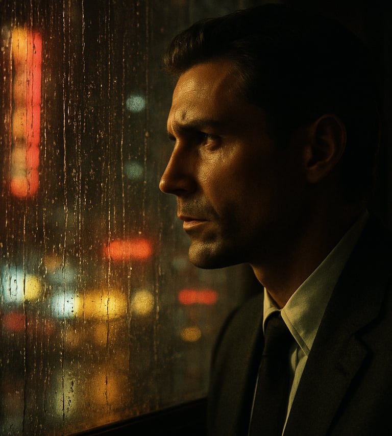Cinematic close-up of a sophisticated protagonist looking out of a rain-streaked window at a neon-lit North American cityscape. The lighting is low-key with sharp gold and off-white highlights, 35mm film aesthetic.