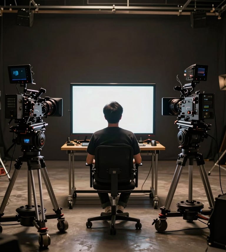 A cinematic wide shot of a professional film production stage. A director sits in a chair facing a large monitor, surrounded by high-end cameras and professional lighting equipment. The color palette is dark charcoal and gold. Global / Western.