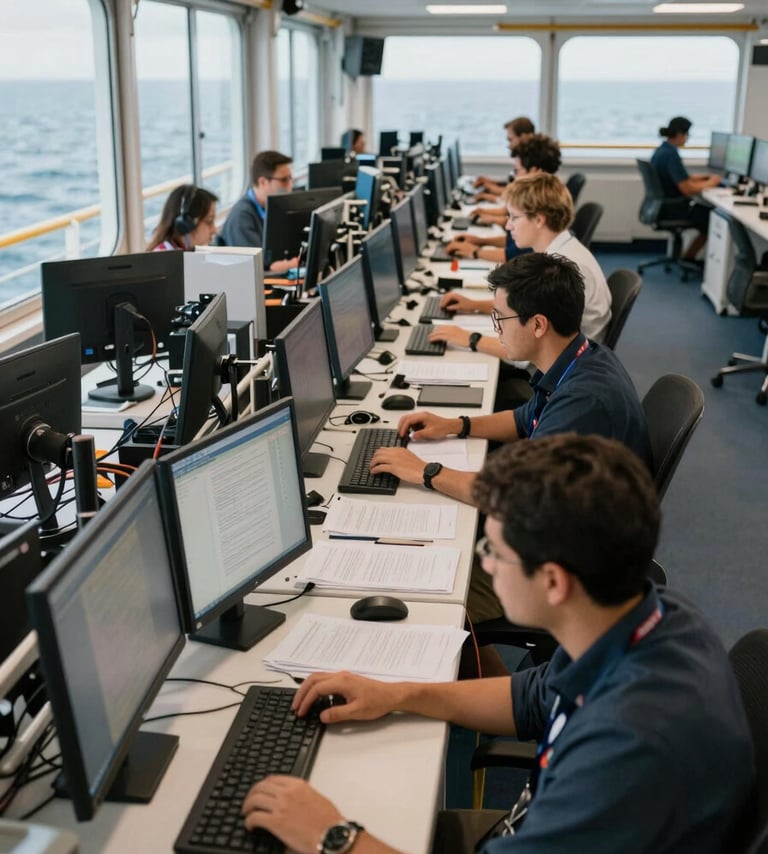 Wide medium shot of an open-plan offshore operations floor, rows of team members at dual monitors reviewing documents and typing, natural window light from the left side, daytime, heads-to-waist framing showing structured work in progress