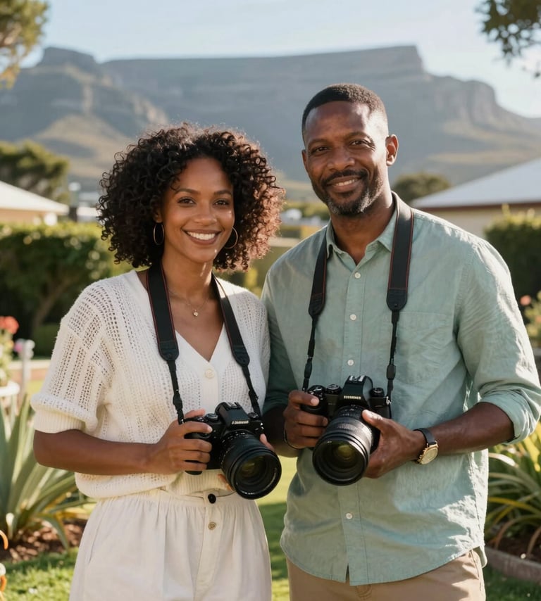 A professional and warm portrait of a South African couple standing together in a sun-drenched Cape Town garden, holding two different professional cameras. The scene is filled with Pearl White light and hints of Sage Teal in their stylish, casual attire.