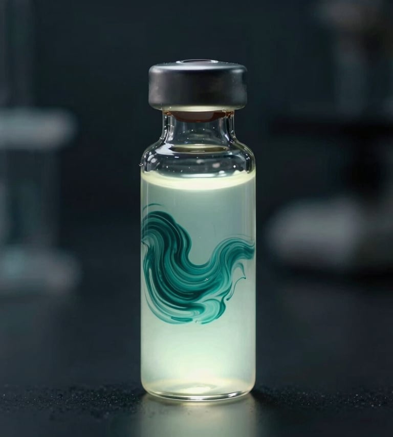 Cinematic photography of a single glass vial inside a dark laboratorium. The vial glows with a soft milky glass white light, containing a swirling deep forest teal liquid, positioned against a shadowy dark charcoal background.