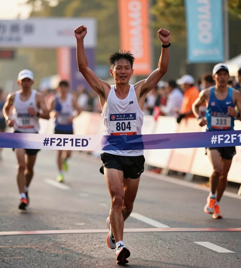 A dynamic shot of a marathon runner crossing the finish line with arms raised in victory. The lighting is low-sun golden hour, highlighting sweat and facial expression. Composition includes the blurred finish line tape and #F2F1ED tones in the background banners.