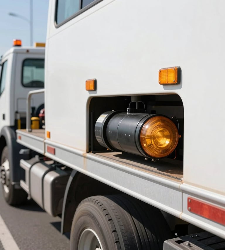 Close-up of a secure vehicle hookup on a flatbed tow truck, with the Tangier Med port corridor and highway in the background, high-visibility daylight, sharp focus, 35mm.