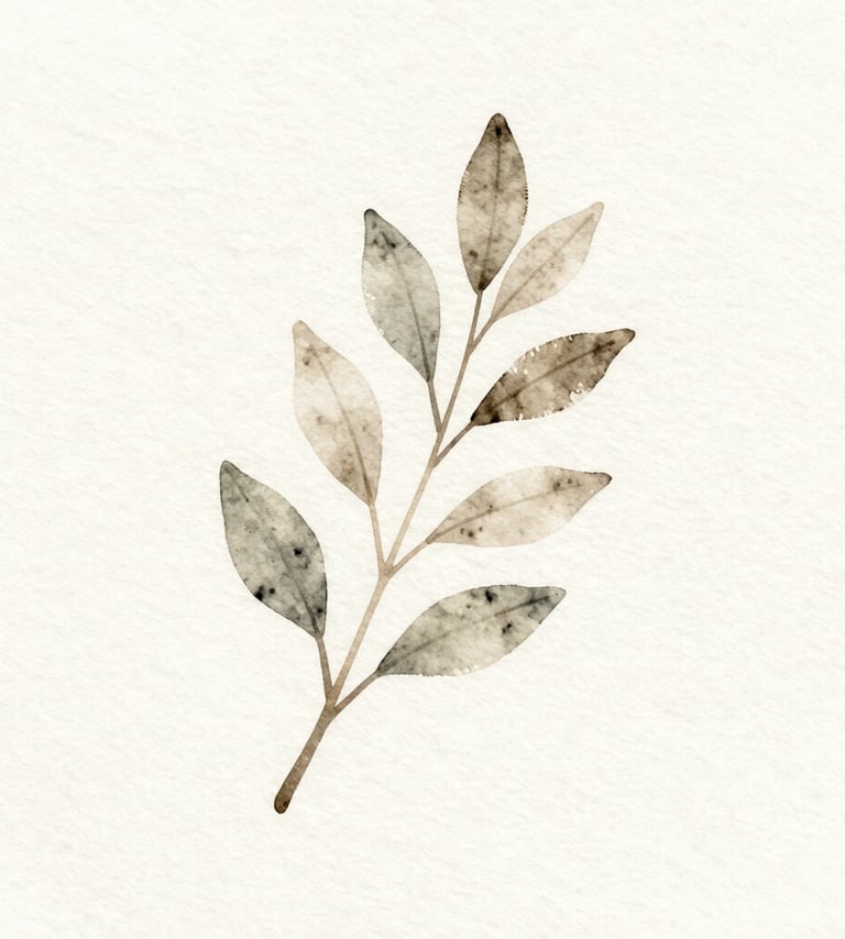 A delicate watercolor painting of a single botanical branch, minimal composition with plenty of negative space, soft washes of #A89B90 and #6F5E52 on a textured #F5F2EF paper background, elegant and serene artist style.