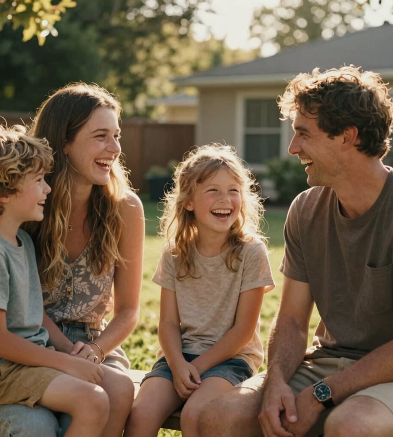 Cinematic photography of a North American family laughing together in a sun-drenched backyard. Warm, authentic atmosphere with golden light. The composition highlights genuine emotion and a friendly, artful lifestyle.
