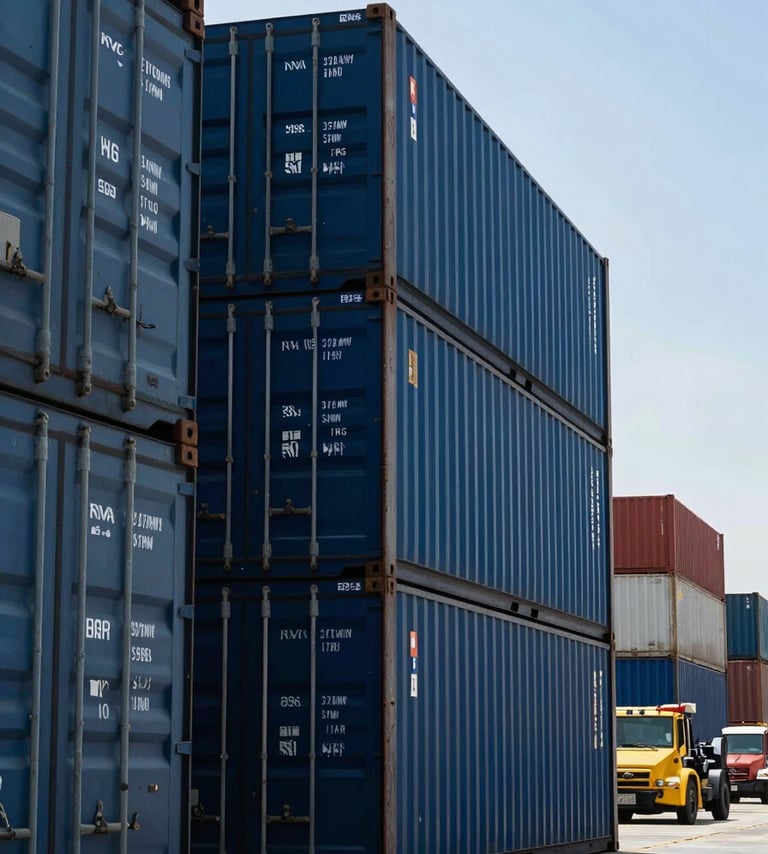 Large shipping containers and logistics equipment at a modern Egyptian port, symbolizing global export reach. High-contrast photography with Dark Navy and Deep Ocean Blue elements under a bright sky.