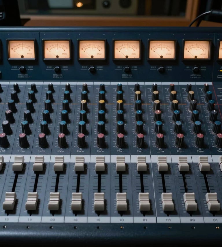 A professional top-down photograph of a high-end analog mixing console in a Spanish recording studio. The faders are set at different levels, and the warm lights of the VU meters glow in soft slate blue and muted blue tones against a dark navy body. The atmosphere is professional and sophisticated.