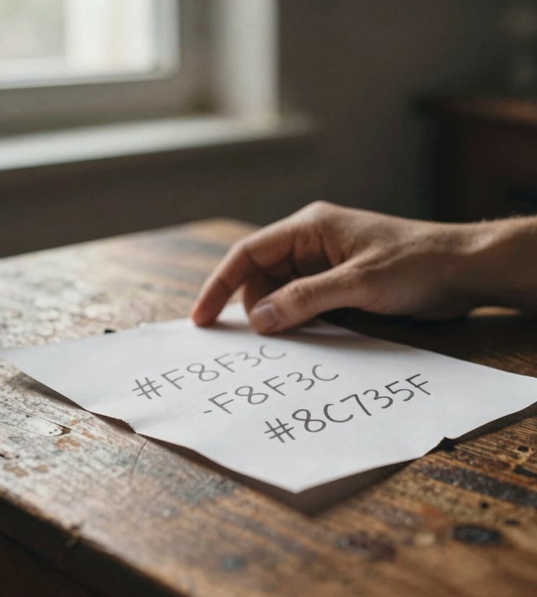 Film photography style, grainy texture. A close-up of a hand resting on an old wooden table next to a scrap of torn paper with handwriting. Soft natural light from a side window, underexposed. Colors: #F8F3EC, #8C735F.