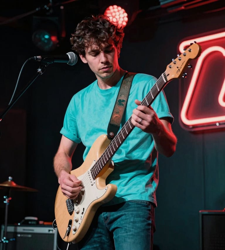 A dynamic solo musician performing with an electric guitar on a stage in a vibrant International / English-speaking music club. The lighting features bright turquoise teal and vibrant salmon red neon accents against a deep charcoal black background. The mood is energetic and professional.