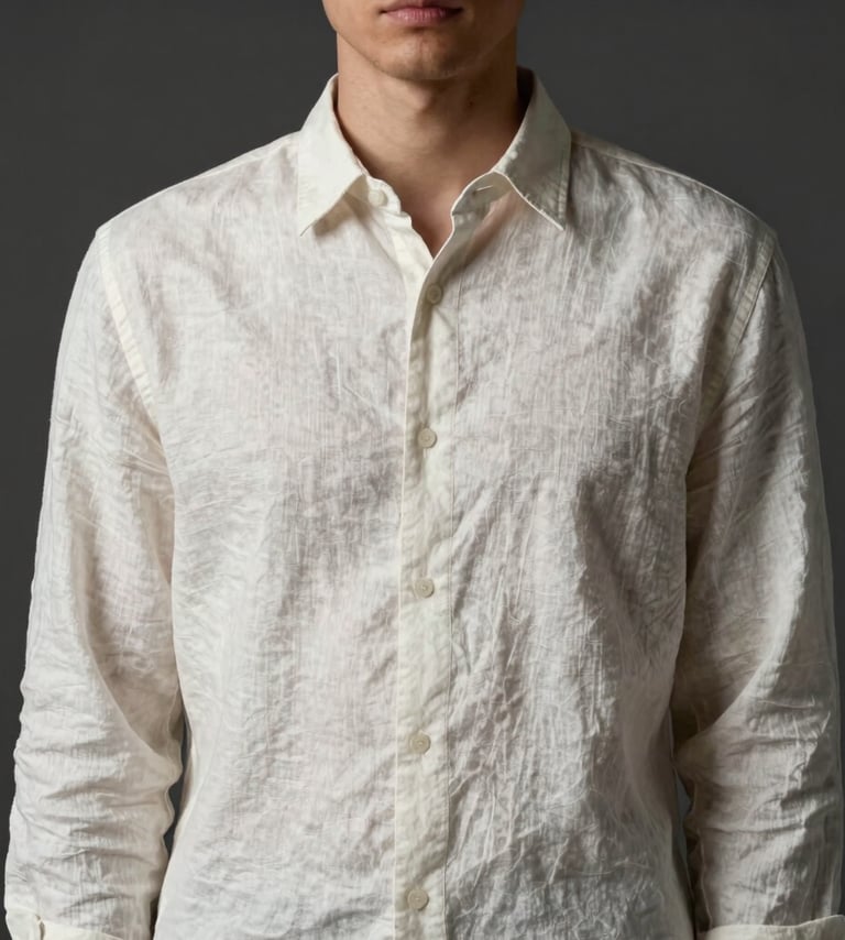 A high-fashion portrait of a person in a minimalist off-white linen shirt, posed against a dark charcoal background. The composition is focused on the upper body, with soft side lighting that accentuates the fabric texture in a Northern European studio setting.