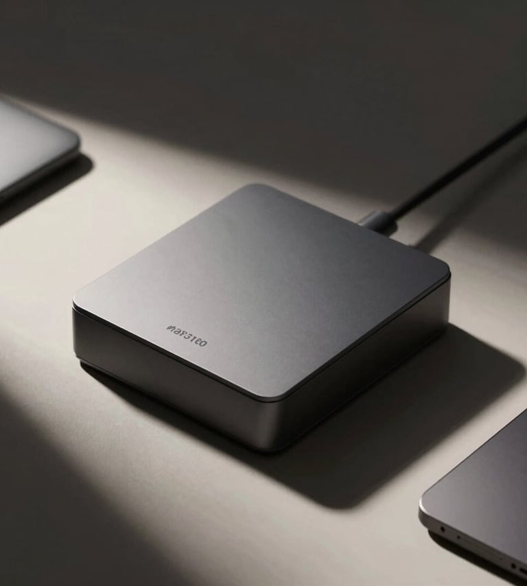 Cinematic high-angle shot of a still life arrangement with a modern tech product. The lighting is inspired by Dutch masters, featuring deep shadows and a single strong light source that creates high contrast. Palette uses #363131 for shadows and #F8F4ED for highlights, sophisticated and artistic mood.