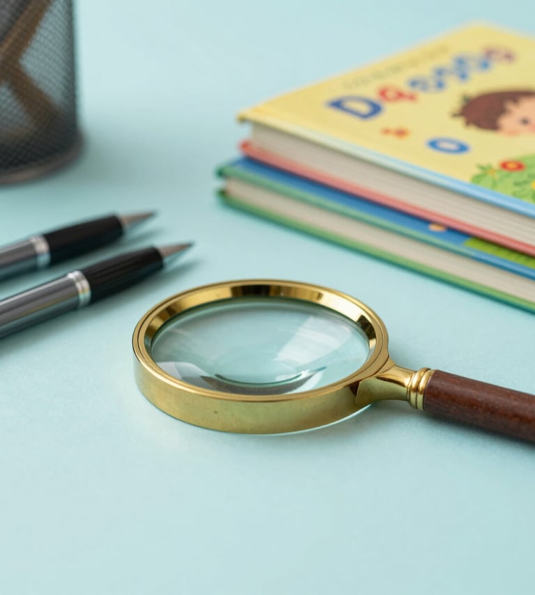 A sophisticated workspace scene with a mix of academic ink pens, a magnifying glass, and a stack of colorful children's storybooks. The palette includes #7A9E9F teal and #D4B281 gold accents, suggesting a resourceful and imaginative professional environment.