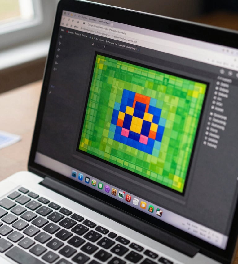 Close-up overhead shot of a laptop screen showing a colorful JavaScript browser game in progress — bright pixel art tiles and a score counter visible, keyboard edge at the bottom of the frame, desk surface with a few sticker scraps, natural window light from the left