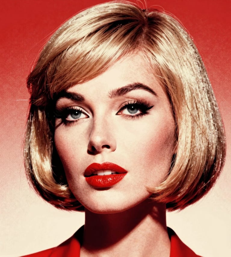 Pop art portrait of a woman with a sharp 60s bob haircut looking sideways, high contrast lighting, red and off-white color palette, halftone dot textures on the skin shadows, film grain overlay, thick black outlines.