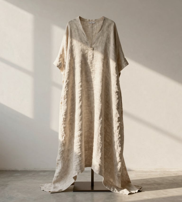 An elegant editorial fashion photograph showcasing a beautifully structured linen garment draped over a minimalist stand. Soft warm sunlight creates gentle shadows against a clean linen white wall. The style is poetic, quiet, and minimalist, emphasizing clean lines and high-quality craftsmanship, captured in a Brazilian design studio.