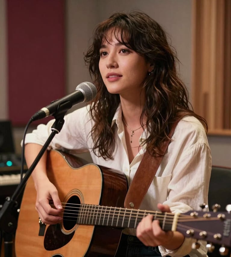 A professional portrait of a singer-songwriter in a cozy North American / US recording studio. The artist is holding a guitar, lit by soft warm lighting. The palette includes deep rosy brown and pale cream tones. The mood is intimate and soulful.