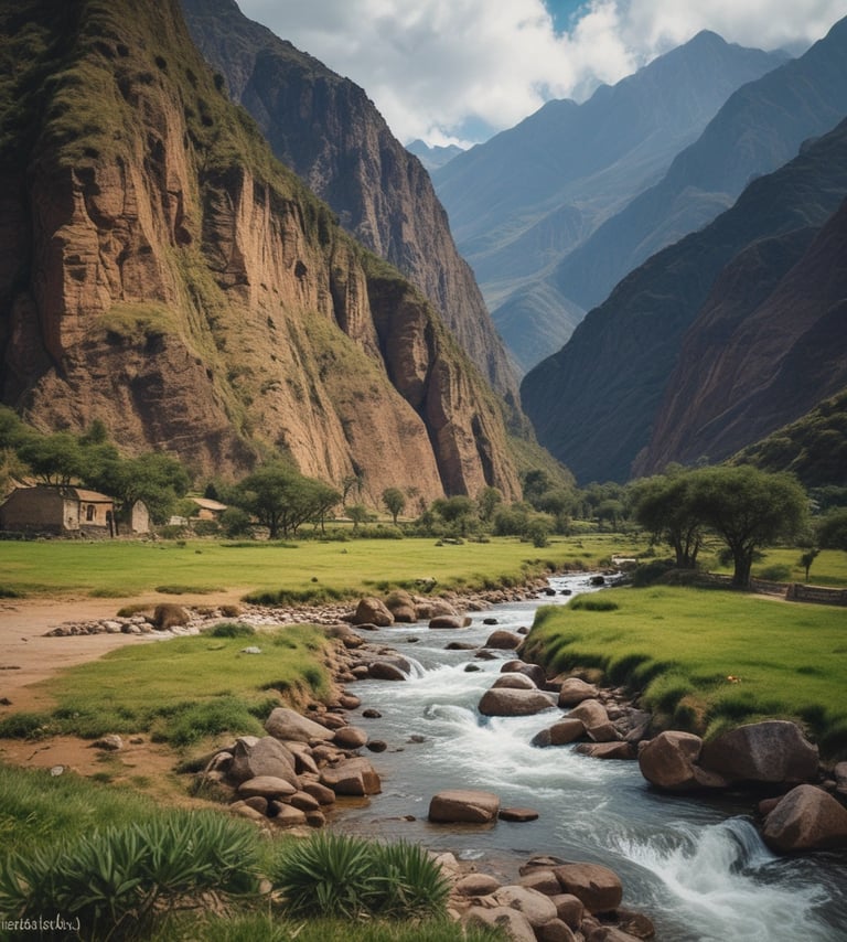 Scenic view of Apu Garden Lodge nestled in lush greenery with the Sacred Valley mountains in the background.