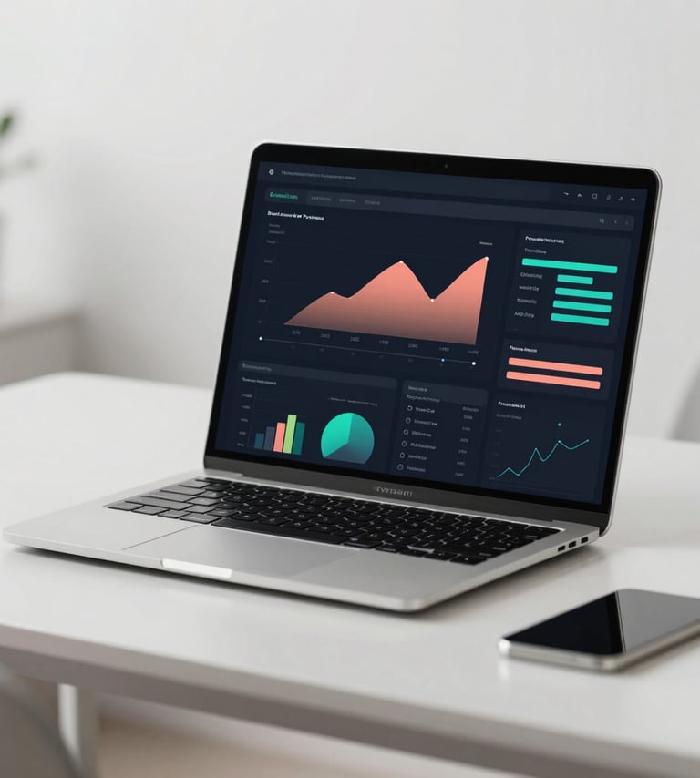 A sleek, modern laptop on a minimalist desk displaying a dark-themed data dashboard. The interface features Burnt Peach (#E67D62) charts and Tropical Teal (#70A8A9) accents. The background is clean and out-of-focus, emphasizing professional elegance.
