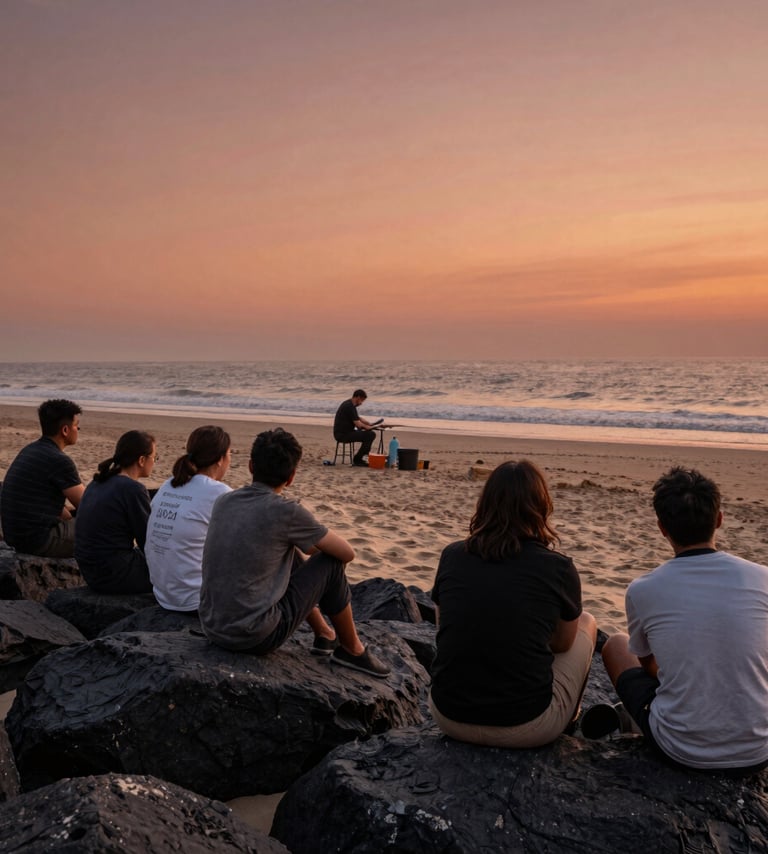 A cinematic photography shot of a group of people sitting on charcoal-colored rocks, watching an artist work on a soft sand beach during a terracotta-colored sunset. The mood is warm and contemplative.