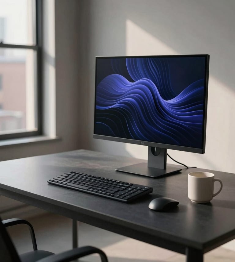 A professional wide-angle photograph of a minimalist studio workspace in a North American urban loft. The scene features a clean charcoal desk, a high-end monitor displaying abstract indigo waves, and a single ivory ceramic mug. Soft, cinematic morning light.