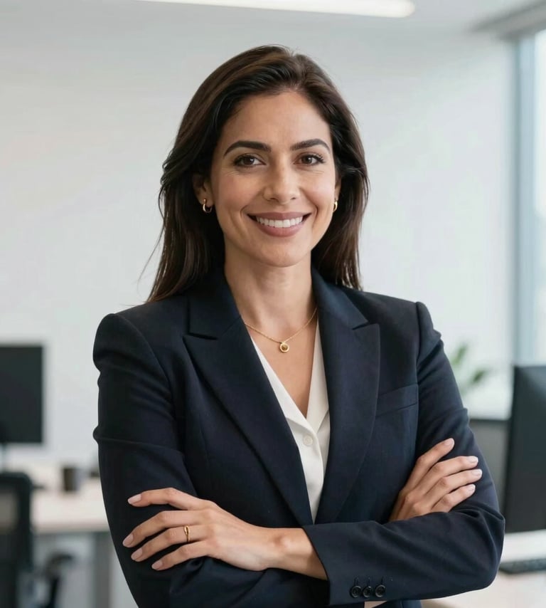 A professional business portrait of a female Mexican / Latin American computer systems engineer in her 30s. She is smiling confidently, wearing a sharp dark blazer, in a bright, modern Mexico City office with a clean white background. Intellectual and authoritative mood, soft natural lighting.