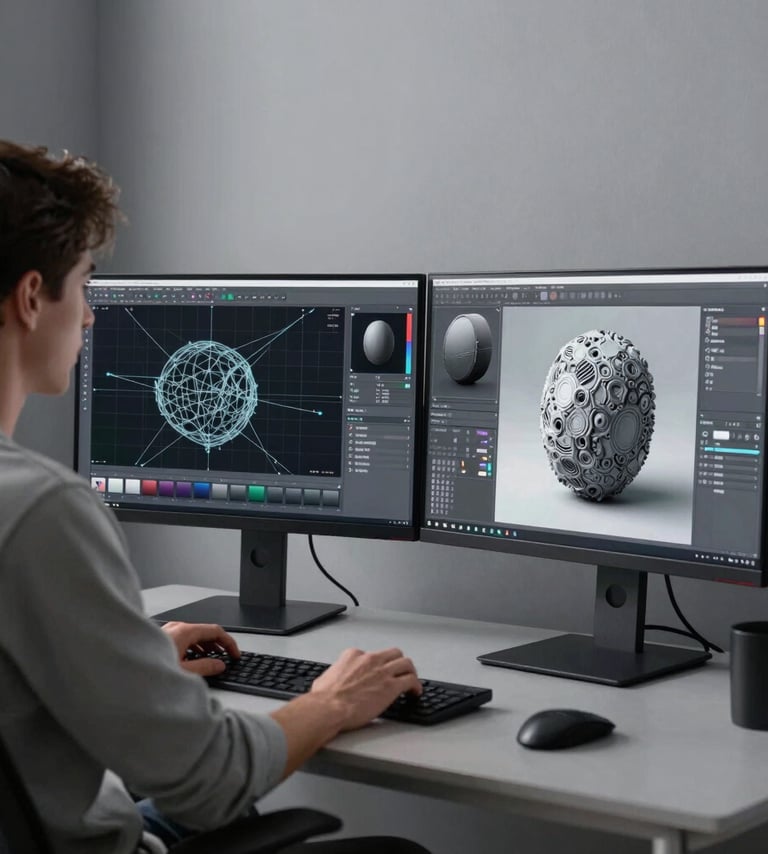 A creative professional in a modern North American / US studio, sitting at a desk with dual monitors showing complex 3D wireframes and textured models. The room is professionally lit with soft slate gray and cool silver tones.