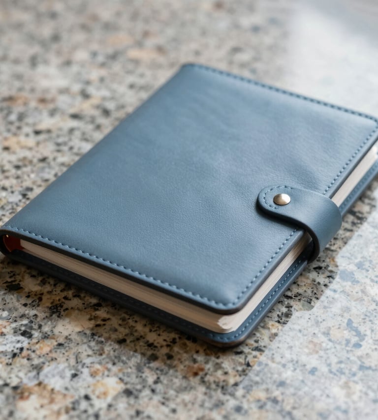 A detailed close-up of a premium leather-bound portfolio resting on a granite surface. Soft, professional lighting highlights textures using #F5F8FA and #A9C5D0. The image radiates professionalism, preparedness, and gravitas.